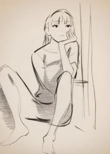 A minimalist anime-style character with realistic human proportions. The character has a boyish, medium-length haircut, cat ears, an upturned nose, and a round face. The drawing is an unfinished, roug