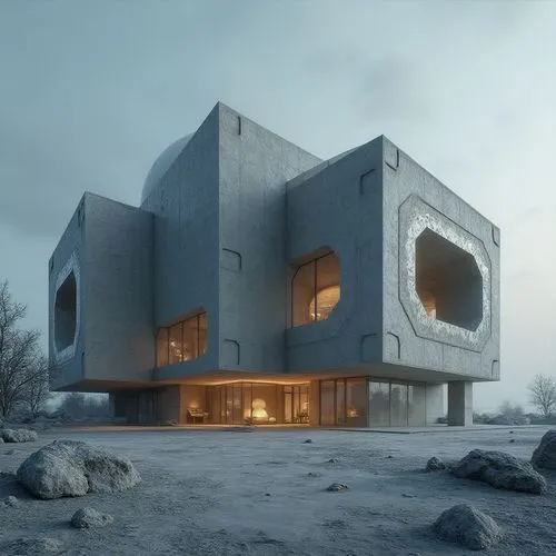 A detailed rendering of a circular building made of glass and metal materials, positioned on the lunar surface for astronaut habitation, with intricate architectural designs and advanced structural el