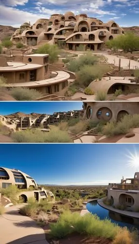 Arcosanti architecture, desert landscape, Arizona, USA, experimental town, futuristic design, curved lines, organic forms, earth-toned buildings, solar panels, green roofs, natural materials, adobe-in