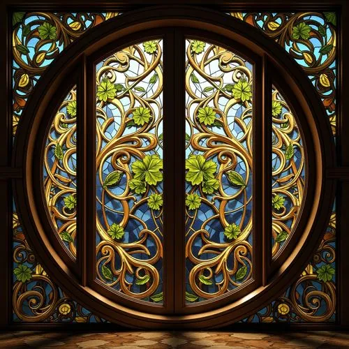 Intricate stained glass windows, Art Nouveau ornate details, flowing organic patterns, vibrant jewel-toned colors, sinuous lines, botanical motifs, whimsical mythical creatures, ornate metal framework