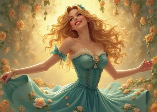 A vibrant digital illustration of a woman with an airy smile, wearing a vintage blue dress with a floral motif. Her blonde hair flows gracefully to the left, while the vivid background highlights her 