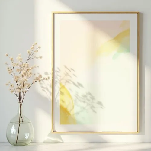 delicate elegant painting on white wall,pastel colors and gold and yellow and green, simple slim gold frame, frontview, vertical,lineart,abstract branches
,flowers sit in a vase next to a white framed