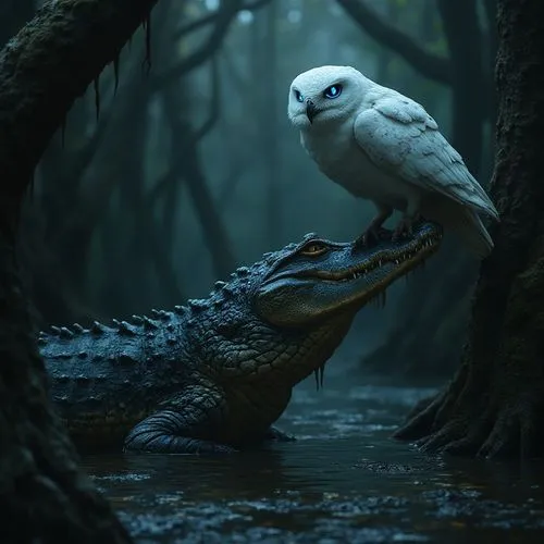 scary realistic alligator in the swamps of new orleans, in the image there is a white owl with blue illuminated eyes perched on an arch above the alligator

,an owl perched on a crocodile in the fores