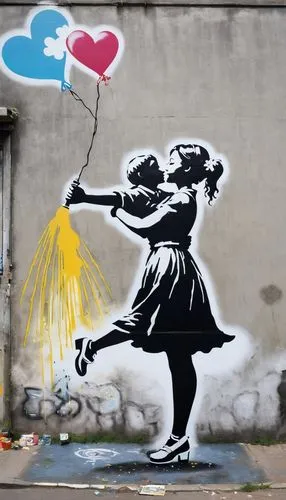 The divine elixir of love flows in luminous intergalactic streams of love.,a mural of a woman holding a balloon is on the wall,banksy,dran,little girl with balloons,grafiti,girl with speech bubble,gra