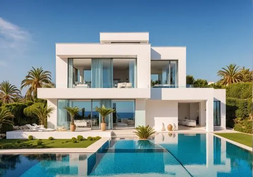 Create an ultra-modern luxury villa located in Marbella, bathed in bright, sunny daylight. Show a real estate agent talking to clients. The villa should feature sleek, minimalist architecture with lar