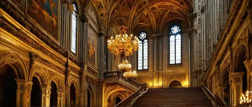 Duomo architecture, Renaissance style, grand, ornate, intricate carvings, white marble, golden decorations, stained glass windows, high ceilings, vaulted arches, spiral columns, grand staircase, luxur