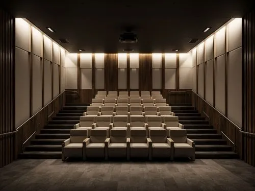 Monochromatic theater interior, sleek minimalist design, neutral color palette, soft warm lighting, dark wood accents, creamy white walls, subtle texture contrasts, sparse decorative elements, modern 