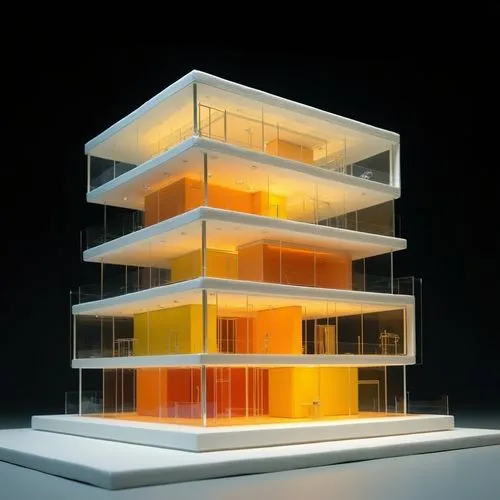 architectural styrofoam physical model of a building with 5 levels, each floor to be transparent acrylic, with yellow and orange foams, black background studio photography,
,an unusual structure wit