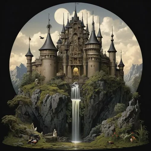 castillo fantasía, delante de una montaña, aves exóticas pequeñas
Modifiers:
intricate crisp quality details Alphonse Mucha Jean-Baptiste Monge Giuseppe Arcimboldo great depth and scale black intricat