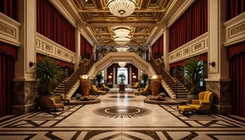 Luxurious Art Deco building, ornate metalwork, geometric patterns, glossy marble floors, metallic accents, opulent chandeliers, lavish furnishings, rich velvet drapes, intricate moldings, sunburst mot
