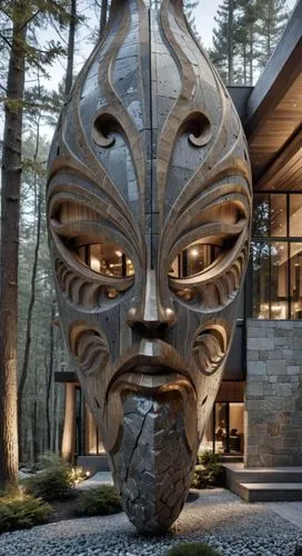 a large face sculpture outside of a house in the woods,garden sculpture,steel sculpture,stone sculpture,totem,dunes house,wooden mask,cougar head,futuristic architecture,forest house,sculptural,totems