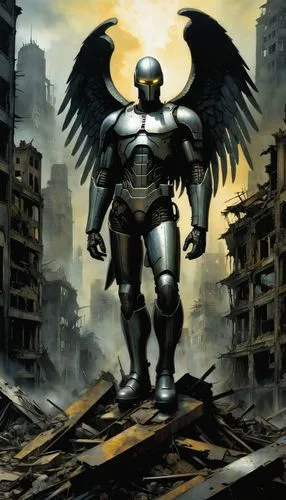 un angel de acero y partes humanas, está en una ciudad destruida ,a futuristic man dressed in armor with wings,archangel,the archangel,titan,steel man,apocalypse,apocalyptic,megaton,cyborg,megalomania