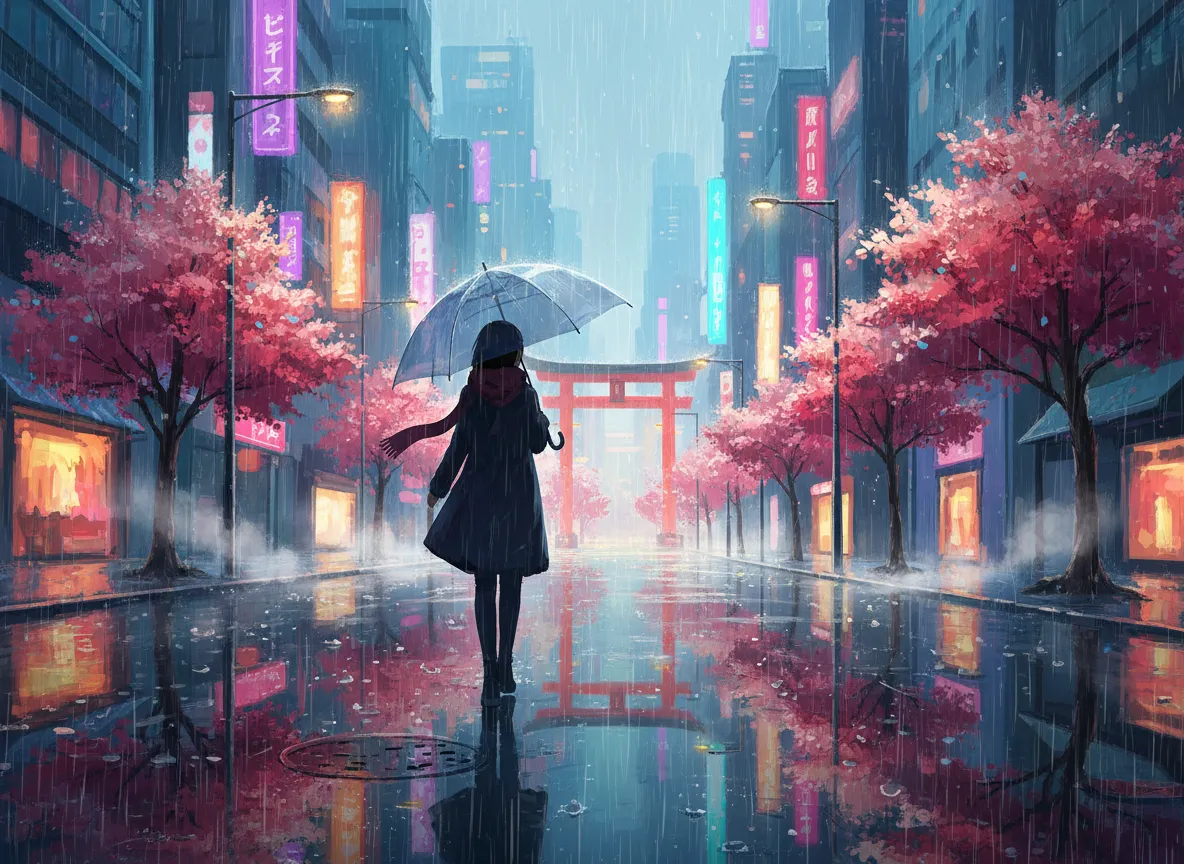 Un dipinto digitale d'atmosfera di una figura solitaria con un ombrello su una strada piovosa, con riflessi che brillano sul marciapiede in un distintivo stile anime.