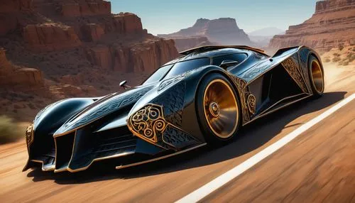a black sports car traveling through the desert,zonda,batmobile,sheriff car,patrol car,pagani,centenario