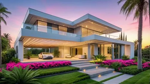a sleek, modern home with sleek lines and sparkling lights sits in the middle of a green lawn. Its exterior is smooth and polished, and the front door is painted a soft, velvety green. The windows are
