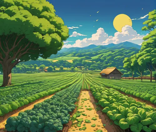 A wide field covered with lush green vegetables and golden grains. The warm sun and gentle breeze make the perfect environment for diligent farmers to cultivate their crops and watch them grow natural