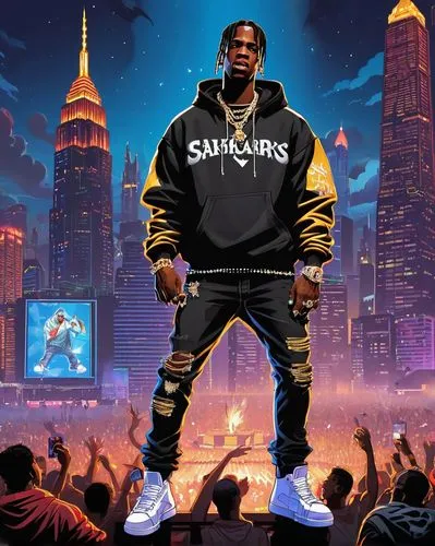 Travis Scott, rapper, standing, confident posture, bold facial expression, iced out jewelry, gold chain, diamond studs, black hoodie, ripped denim jeans, white sneakers, microphone in hand, concert st