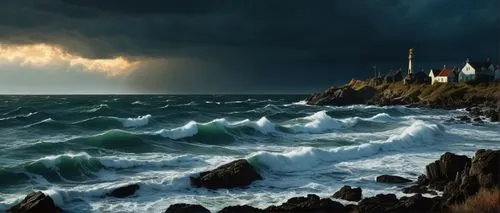 Calming sea, turquoise waves, gentle ripples, sunset time, warm golden light, dramatic clouds, stormy weather, lightning flashes, strong winds, turbulent water, wreckage debris, abandoned lifeboats, b