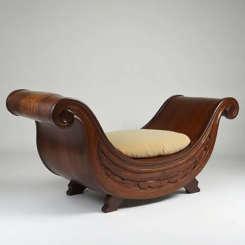 Chaise longue inspired by an ocean wave, with flowing wood carving in dark cherry, brass inlay following the foam lines, and a velvet cushion that blends into the curvature.,an unusually shaped wooden