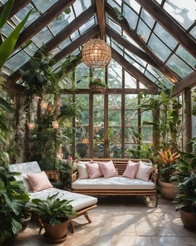 Greenhouse, luxurious interior, lush greenery, tropical plants, vines crawling up walls, warm natural light, glass roof, wooden beams, modern minimalist decor, elegant lounge chairs, coffee table made