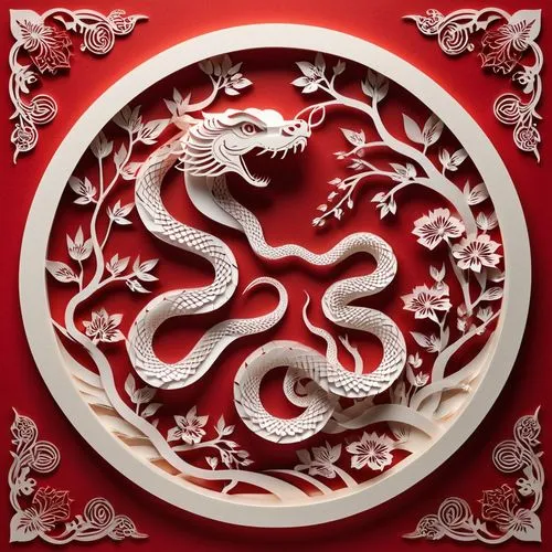 snake,paper-cut,window grilles,red,Chinese New Year,Round,,a paper cut of a dragon and leaves,dragon design,targaryen,wyrm,changfeng,dragon,red lantern,qilin,qingxi,wufeng,triskelion,pangu,shenlong,si