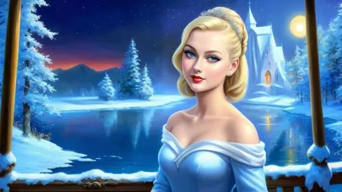 Romantic masterpiece oil painting, cute girl portrait, nostalgic 1950's style kitsch, breathtaking beautiful winter kingdom landscape, majestic fantasy scenery, evening lighting, highly detailed highr