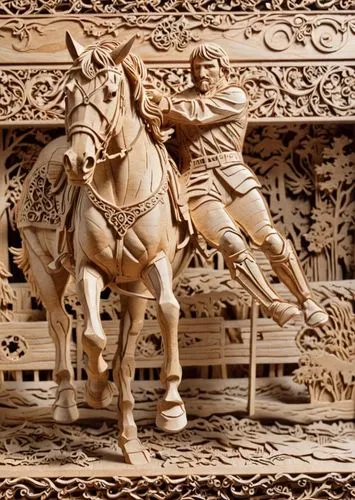 В всадник и конь, резьба по дереву,a carved wooden figure of two men on horseback,wood carving,the court sandalwood carved,woodcarving,carved wood,woodcarvings,cavalry