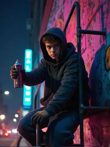 A young, fearless graffiti artist scaling a fire escape in a vibrant city alley at night, spray can in hand. He’s in his 20s, with intense, determined eyes, dressed in a hoodie and gloves. Neon lights