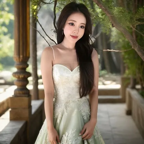 the woman is wearing a wedding dress and posing for a po,ao dai,cheongsam,yifei,xiuqiong,qianwen,qixi,xiaofei,shaoxuan,qiong,xuhui,yingjie,xiaohui,xiaojie,girl in white dress,yujie,yangmei,yunjie,hanq