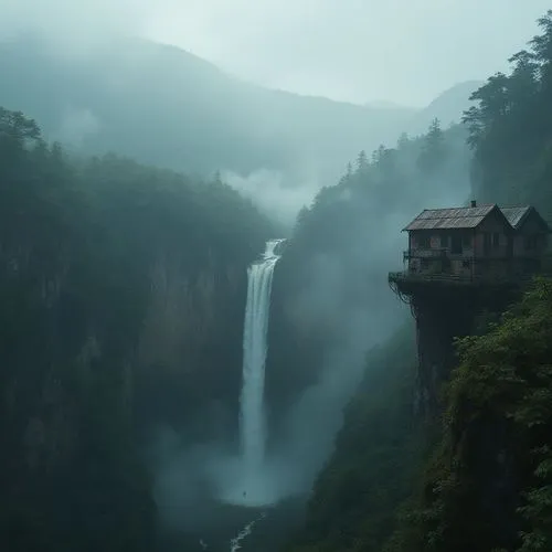 the house is in front of a waterfall,house in mountains,house in the mountains,waterfalls,water mist,brown waterfall,falls of the cliff,tower fall,bridal veil fall,water falls,falls,green waterfall,wa