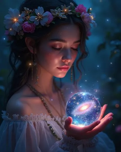 Create a vibrant, ethereal abstract fantasy digital art portrait of a young woman adorned with decorative floral and fantasy style elements.  Include magical, glowing accessories that enhance the ench