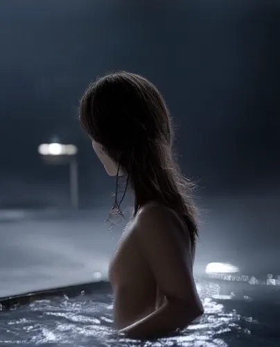 A girl taking bath at onsen, wet body and hair, wearing wet transparent towel, shy, looking away, sideview, steam coming out from water, open onsen, dark night, foggy, few lantern on the background, i