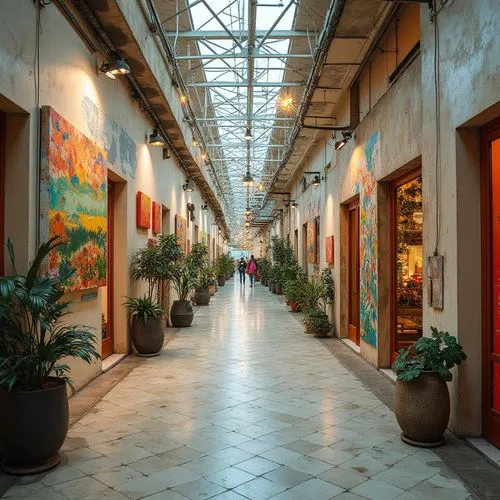  Commercial Space, Commercial Center,there are several pots on either side of the walkway,galleria,atriums,galleries,galerias,corridor,hallway
