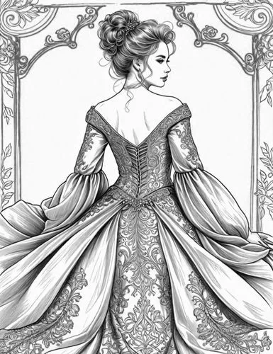 Style: Design Sketch-Detailed Outline,a drawing of a woman in an ornate dress,victorian lady,noblewoman,ball gown,maxon,ballgown,victoriana,crinoline,peignoir,corsetry,victorian style,evening dress,br