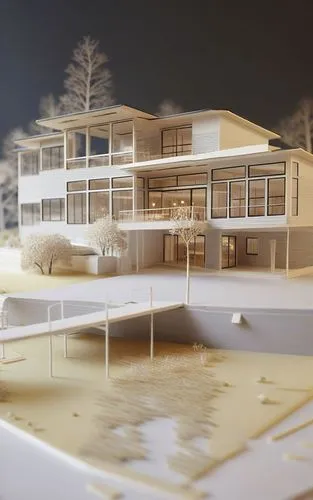 a model of a building on a snowy surface,model house,render,renders,redevelopment,rendered,redevelop,cantilevers,dunes house,cube stilt houses,prefabs,floating island,prefab,maisonettes,school design,