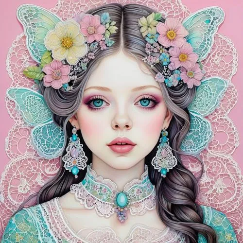 springtime whimsy in lace, pretty art, pastel colours , michelle trachtenberg,flower fairy,fantasy portrait,little girl fairy,faerie,vanessa (butterfly),rosa 'the fairy,rosa ' the fairy,child fairy,ga