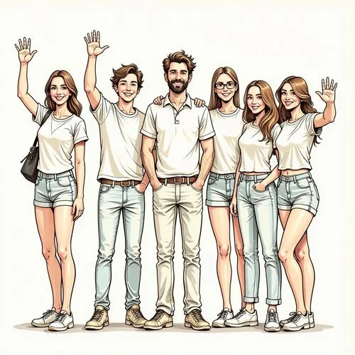 Style Ink drawing. character illustration of: a group of people waving hello,a group of friends standing next to each other,adolescentes,group of people,vector people,apatow,aile,donsky,Unique,Design,