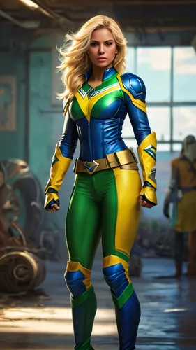 /imagine prompt: BRAZILIAN SUPER HEROINE BLONDE WOMAN, CLOTHES WITH GREEN, YELLOW, BLUE AND WHITE COLORS::3 concept art::3 natural lighting::3 panorama::3  --aspect 16:9 --niji 5 --quality .25,ronda,s
