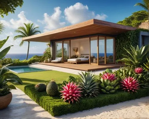 a beautiful green and tropical area is featured with pink flowers,tropical house,holiday villa,pool house,tropical island,cabana,beach house,beachfront,luxury property,cabanas,tropical greens,tropical