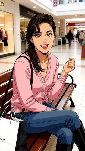 anime style Style, art by Naoko takeuchi :
Latin woman with Mexican features, gold-brown eyes. Dynamic poses, 

,a cartoon woman sitting on a bench holding a cell phone,shopping icon,shopping mall,mal