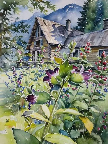 Бревенчатый Домик среди колокольчиков,a watercolor painting of some purple flowers and houses,cottage garden,summer cottage,home landscape,flower meadow,cottage,flower garden