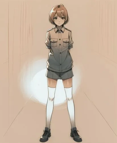 Illustration plate vectorielle d'un personnage d'anime minimaliste aux contours noirs soignés épais. Le personnage présente des proportions humaines réalistes, avec des cheveux coupe garçone. Vêtement