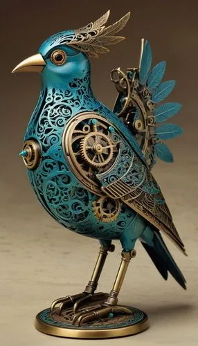 Un oiseau de style automate/mécanique. Le corps est principalement en métal bleu foncé ou noir, gravé de motifs complexes ressemblant à des filigranes. La tête a une crête bleu turquoise métallique. L
