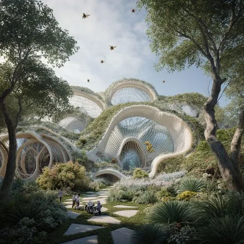 An architectural marvel inspired by natural forms and organic structures. shapes of plant cells, beehives, coral reefs, blends with its surroundings. Use of biomimicry, sustainable materials, and ener