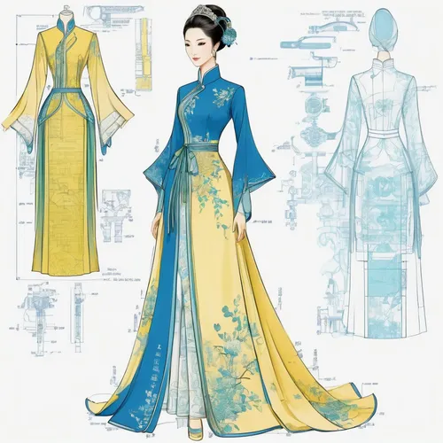Fashion design, Chinese style dress, serene blues, elegant greens, and graceful yellows.,costume design,ao dai,fashion design,evening dress,fashion illustration,chinese style,ball gown,fashion sketch,