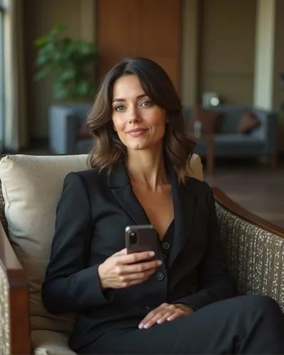 businesswoman relaxing in a luxury office lounge, elegant attire, smartphone in hand, serene and upscale, no hands visible,






























,a woman in a suit sitting on a chair holding 