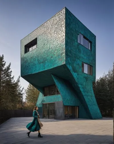 modern building with smooth details and precise lines, an attractive fashion model stands ,cubic house,cube house,cube stilt houses,modern architecture,dunes house,metal cladding,crooked house,frame h
