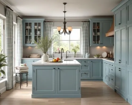 A serene indoor design emphasizing natural materials and a muted blue palette. The cabinetry in soft grey-blue tones is paired with rustic wooden flooring and a marble-textured island. A large window 