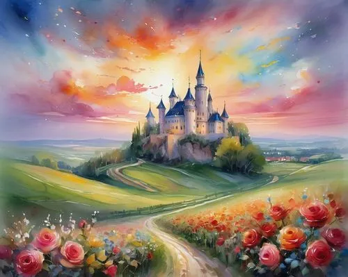 white background, castle in background, sunset sky with twinkling stars, rolling farmlands, spring flowes and roses,fairy tale castle,fairytale castle,fantasy picture,fantasy landscape,fantasy world,d