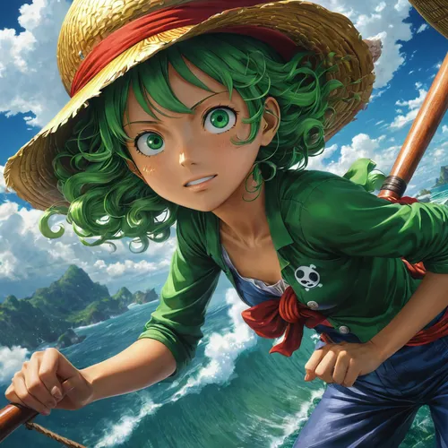 masterpiece, explicit, one piece style art, tatsumaki and luffy, ,emerald sea,straw hat,nami,at sea,calm usopp,tiki,scarlet sail,little girl in wind,green summer,ashitaba,sea,girl on the boat,kite,pat